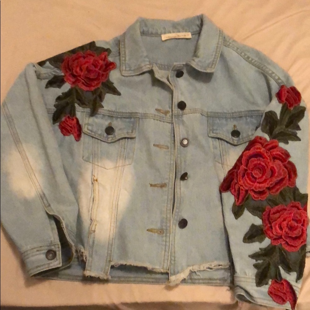 Distressed Jean Jacket with Rose Appliqué